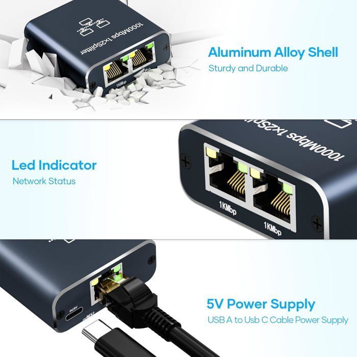 Ethernet Switch, 1 to 2 Ethernet Splitter 1000Mbps, 2-Port LAN Switch with Type-C Power Cable, Network Splitter
