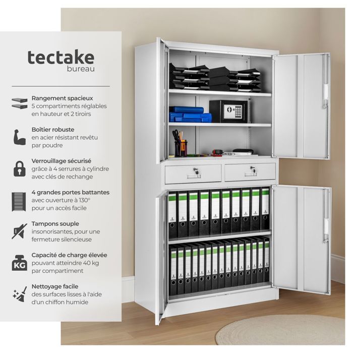 Office storage - TECTAKE - COSMO lockable metal filing cabinet with 2 drawers - 40 x 80 x 180 cm - Light Grey