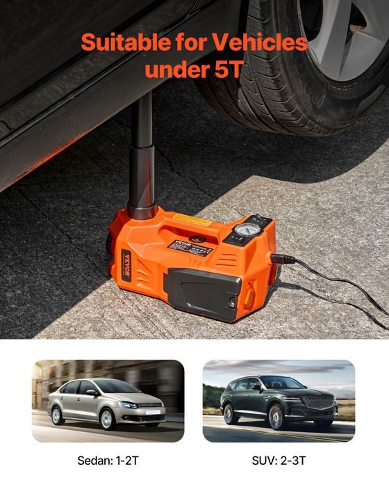 Gato eléctrico para coche VEVOR 5T - Gato elevador ajustable - con inflador incorporado - con martillo de seguridad y luz LED