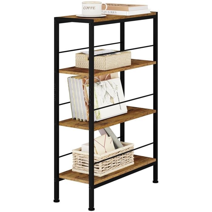 Estantería de almacenamiento WOLTU, estrecha, de 4 niveles, para cocina y sala de estar, de MDF con estructura metálica, color marrón rústico y negro.