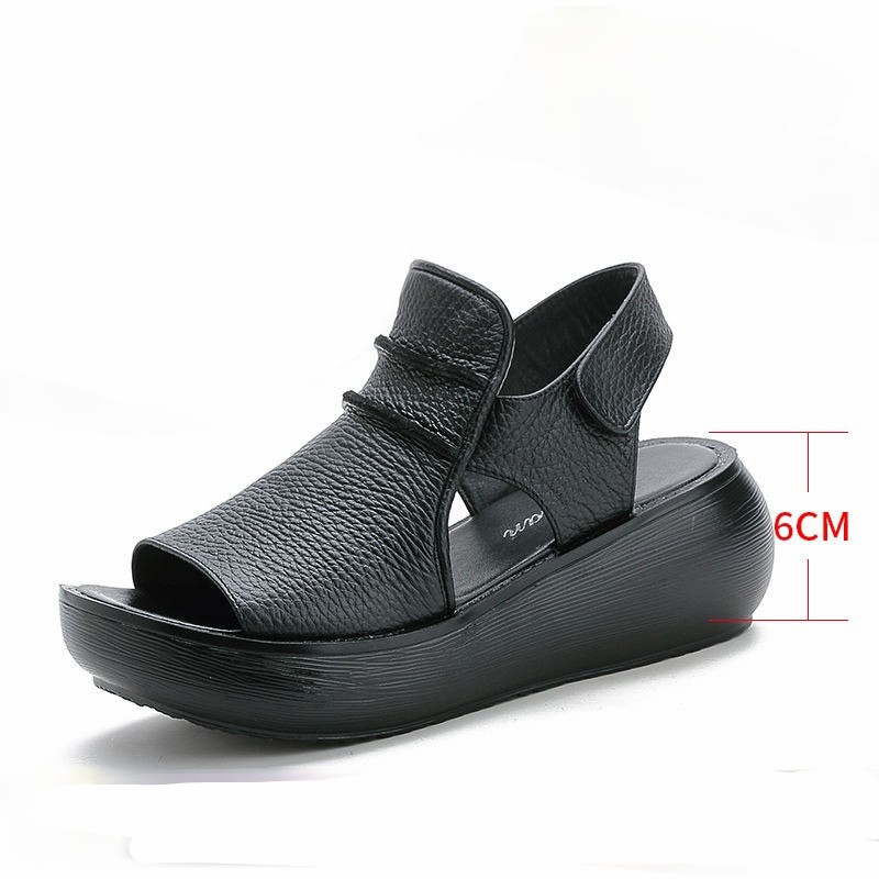 Sandales en cuir véritable pour femmes, de haute qualité, confortables, douces et mignonnes, chaussures d'été à plateforme et talon épais.