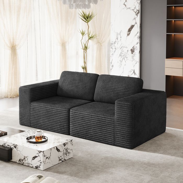 Canapé 2 places modulable en Velours Côtelé, avec 2 coussins, 202x101x82cm, Noir