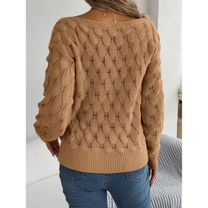 Pull En Tricot Femme Col Bateau Épaules Dénudées Casual Pullover Lâche Ajouré Manches Longues Couleur Unie - Kaki