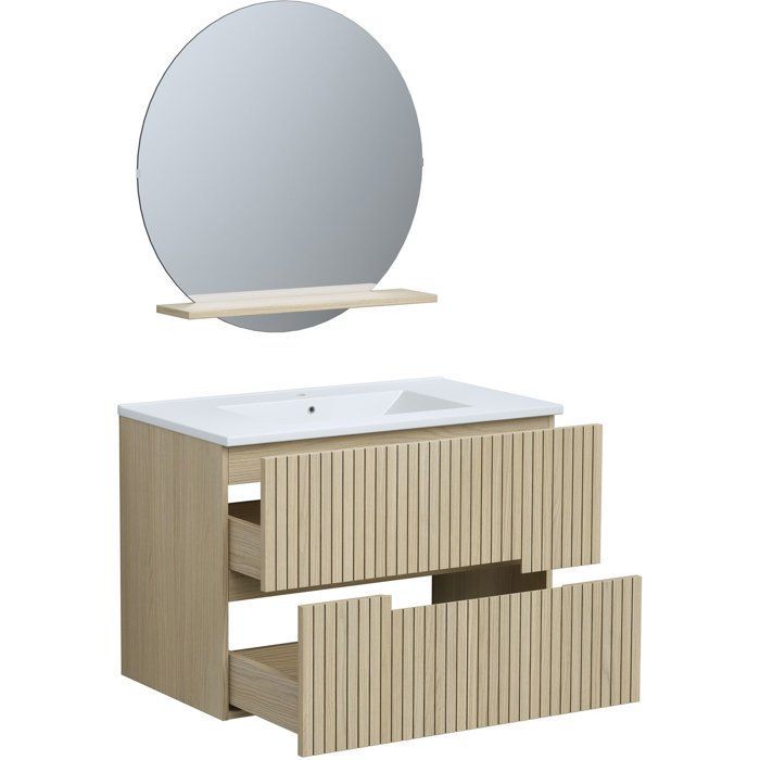 Mueble de baño con lavabo - Madera - Ancho 80 x Profundidad 45 x Alto 60 cm - Espejo - Ranura