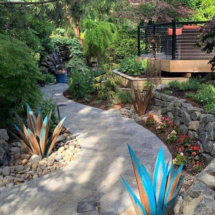 55 cm große, mehrfarbige Agavenskulptur aus Metall – Rustikale Gartenkunst, Tequila-Hofdekoration, Etikett