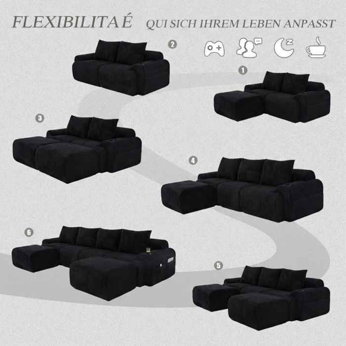 Canapé modulable - LANGTU - 4 places velours côtelé - Noir - 2 poufs - Porte-gobelet & poche latérale
