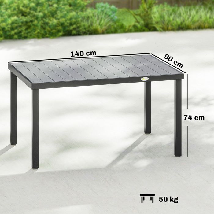 Mesa de jardín Outsunny - Para 4 a 6 personas - Rectangular - Tablero de listones y patas de acero - 140 x 90 x 74 cm - Gris