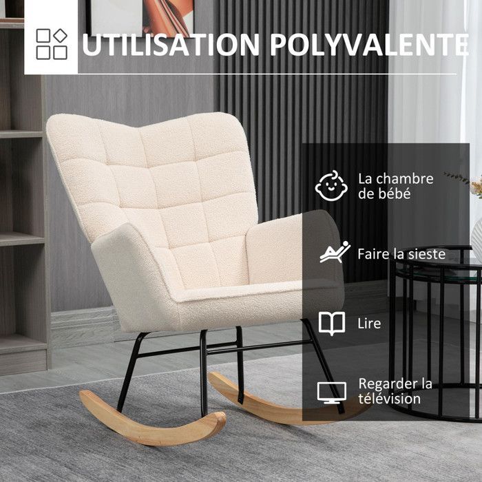Fauteuil à bascule, rocking chair, fauteuil allaitement, chaise a bascule en polaire Teddy, chambre à coucher, salon - beige