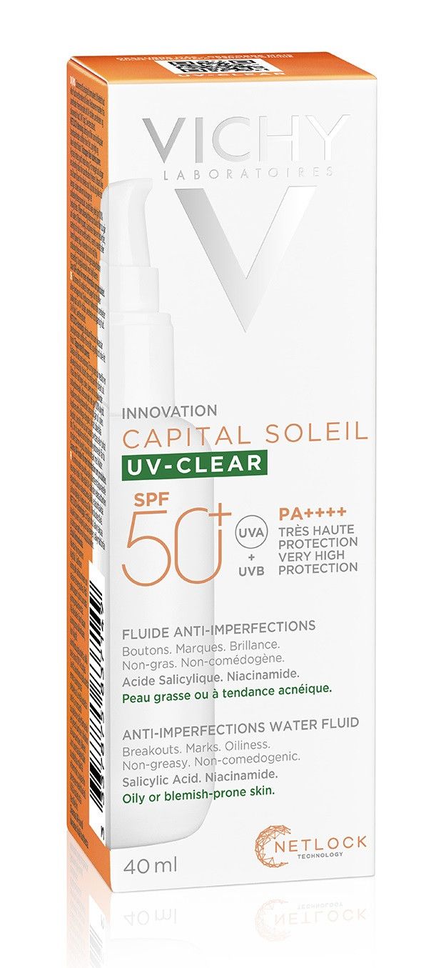 „Capital Soleil UV Clear SPF50“ apsauginis skystis nuo odos defektų Apsaugos nuo saulės vaistinė