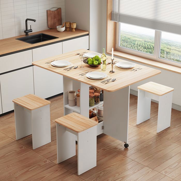 Conjunto de comedor Mondeer con 4 sillas, mesa de cocina plegable con estantes, mesa y silla, 120x80x80 cm, roble y blanco.