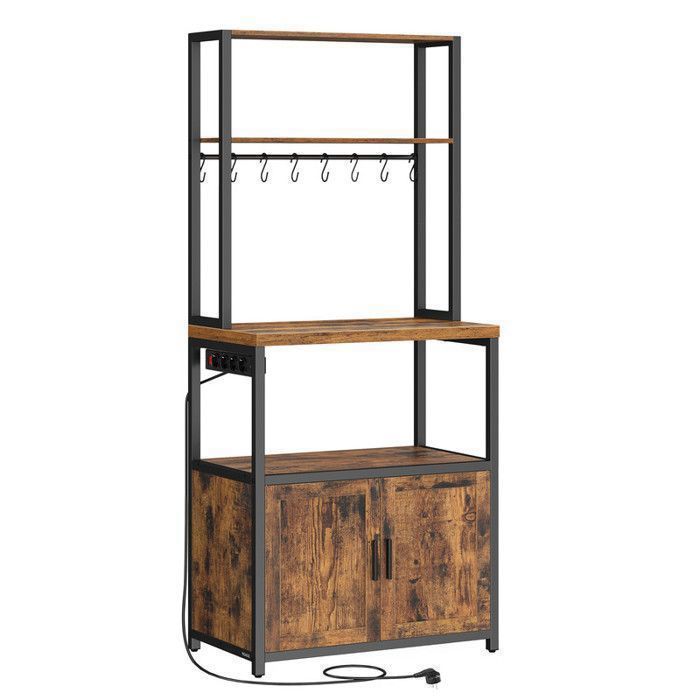 Kitchen Trolley with Power Strip, 8 Hooks, 40 x 60 x 170 cm, Rustic Brown and Ink Black