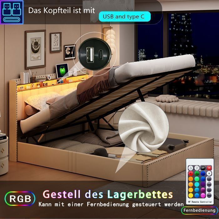 Cama doble con espacio de almacenamiento de 140x190 cm - TANANT - Beige - Iluminación LED integrada - Almacenamiento práctico - Cabecero decorativo