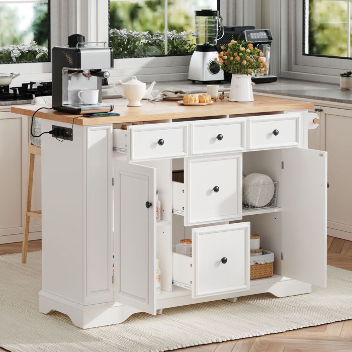 Îlot de cuisine moderne avec plan de travail rabattable, buffet de salon, équipé de prises électriques et d'étagères réglable, blanc