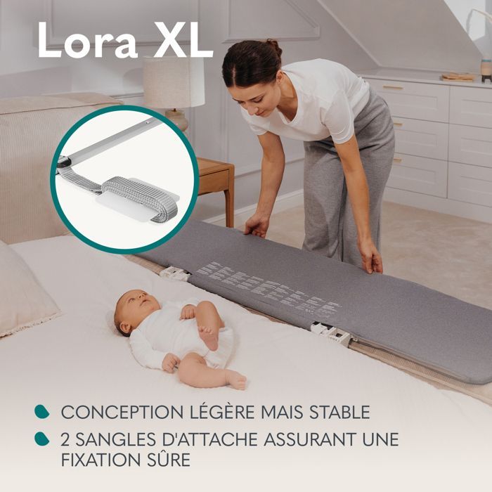 LIONELO Lora XL Babybettgitter – 150 x 45 cm – Faltbar – Sicherer und stabiler Rahmen – Leicht – Inkl. Tragetasche – Grau