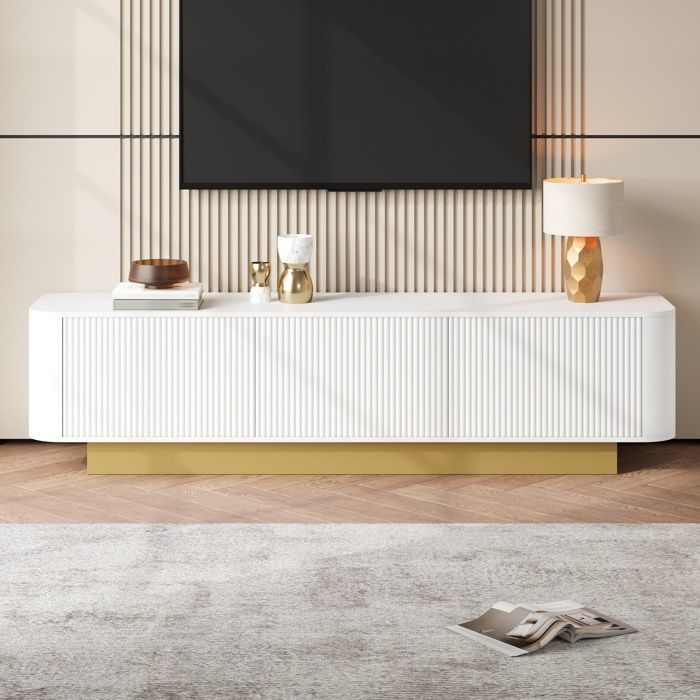 Meuble TV blanc moderne 170 x 40,5 x 47 cm Meuble TV bas avec 3 portes de rangement et étagères réglables Design arrondis