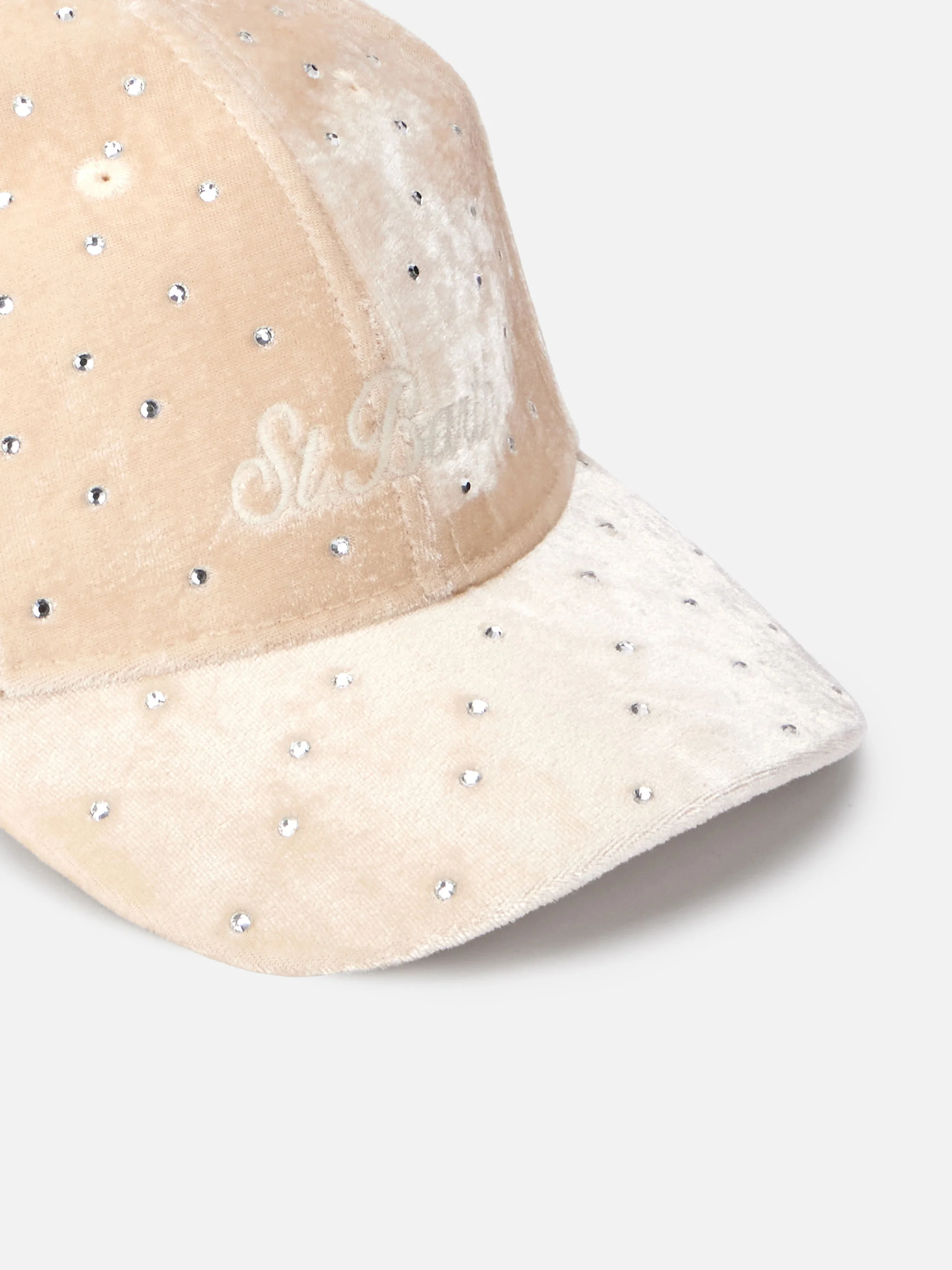 Beige fluwelen baseballpet met strassversieringen