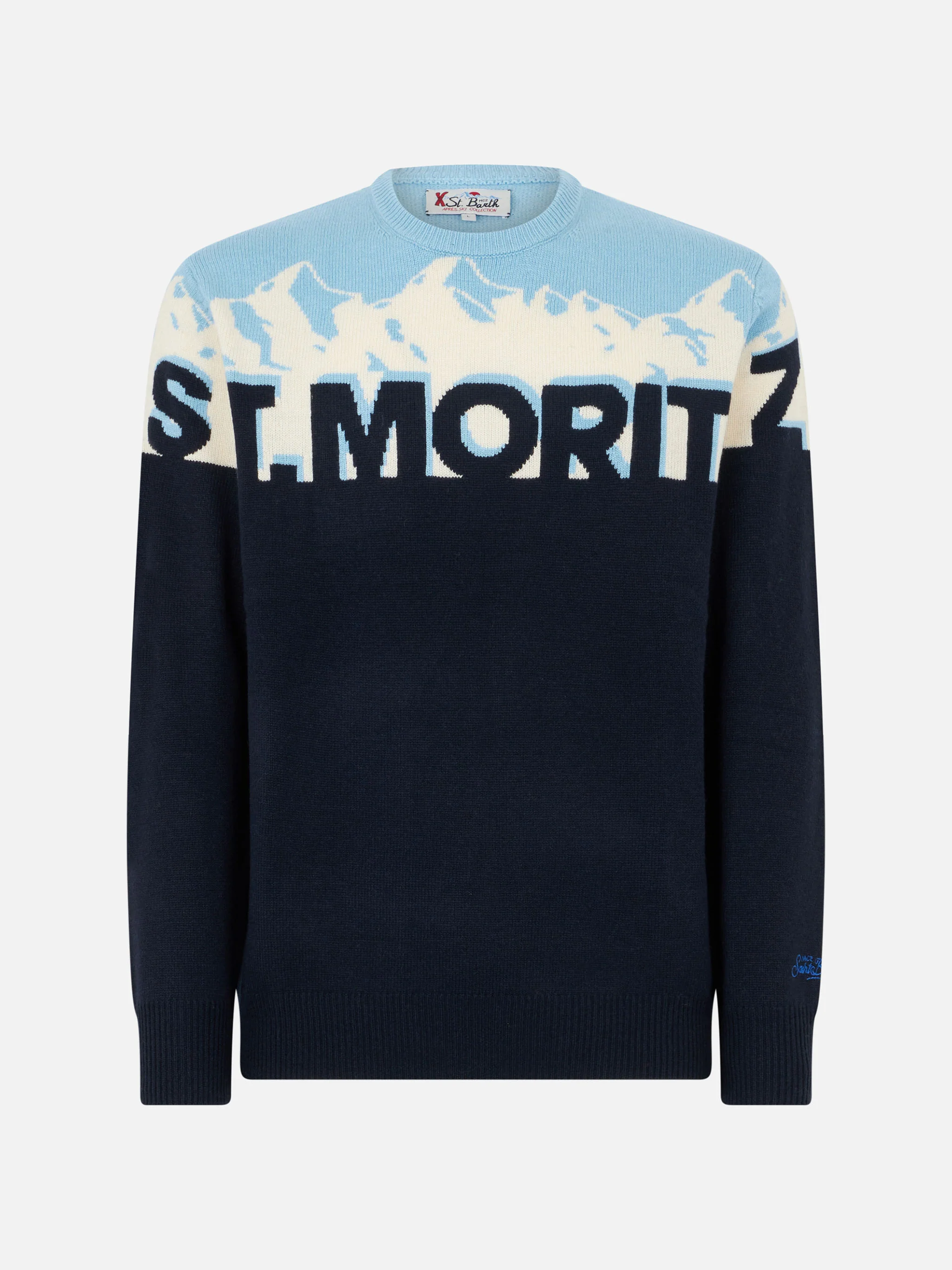 Herrenpullover mit Rundhalsausschnitt und Jacquard-Print einer St.-Moritz-Postkarte