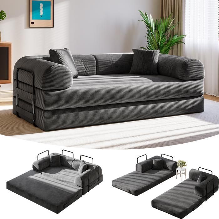 2-Seater Convertible Sofa Bed - Modern Multifunctional Convertible Sofa Bed - with 2 Cushions - for Living Room, Bedroom - Corduroy - Grey