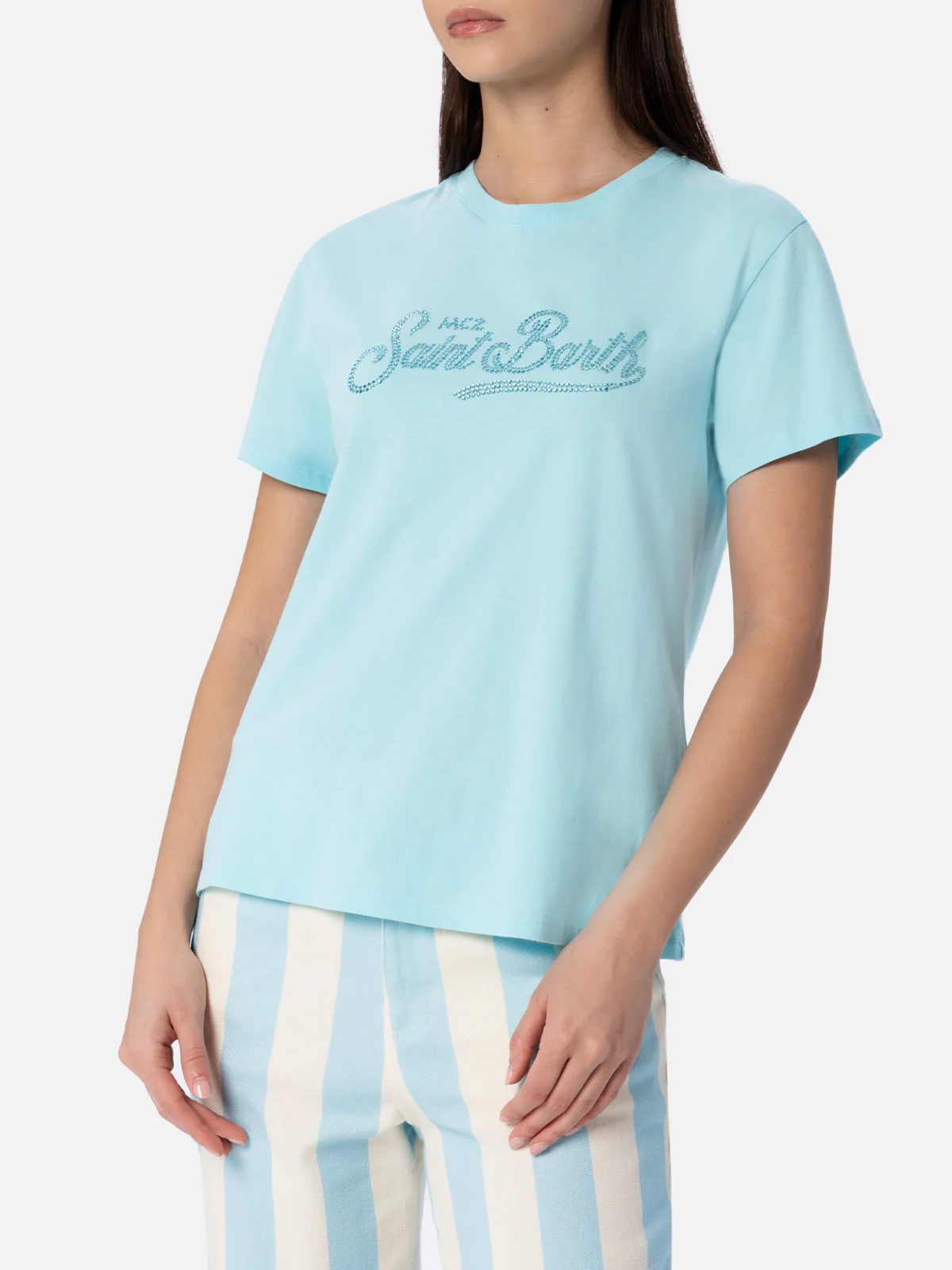 Emilie dames T-shirt met ronde hals in aquagroene katoenen jersey met