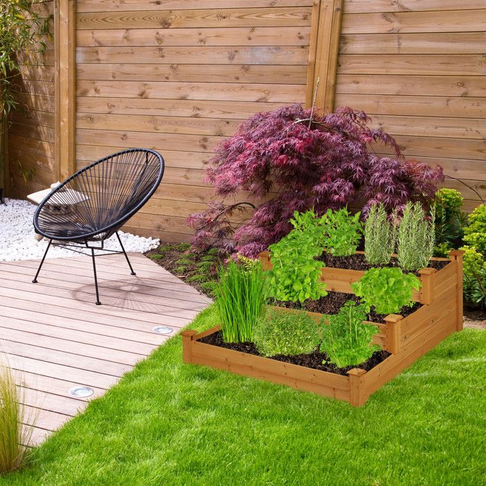 Relaxdays Carré potager 3 niveaux, jardinière en escalier, HLP : 46x122x122 cm, sapin, parterre jardin, terrasse, nature