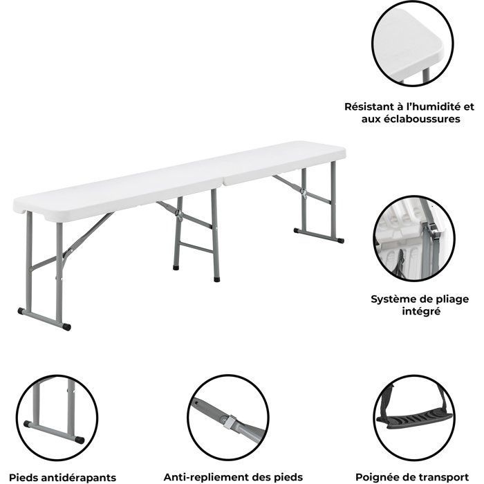 Banco de recepción plegable - TERRANOVA - Blanco - Estructura de acero y asiento de polietileno HDPE - 4 personas - 180 x 28 x 43 cm