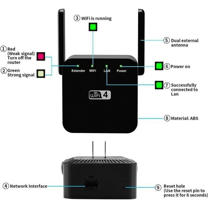 Ripetitore WiFi ultracompatto nero da 2,4 GHz 300 Mbps con connettore RJ45