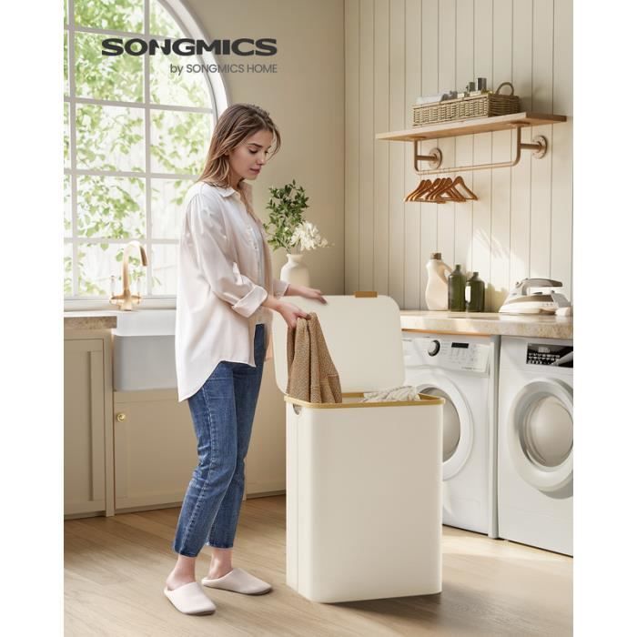 Cesto de ropa con tapa, 2 compartimentos, 130 L, bolsa extraíble, tela Oxford, plegable, 52 x 38,5 x 70,5 cm, blanco crema