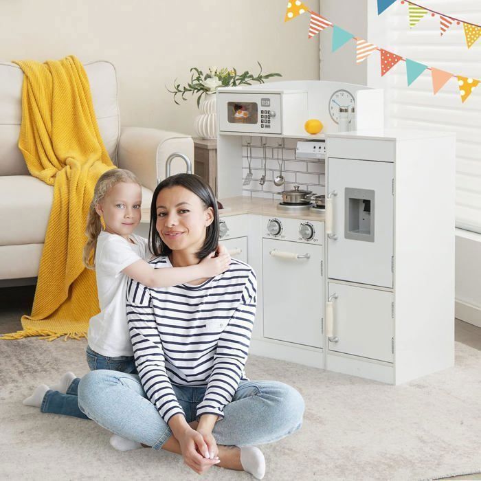 Cuisine Enfants COSTWAY XXL pour Angle 3 Ans+, 5 Accessoires, Effet Son avec Téléphone, Réfrigérateur, Machine à Laver
