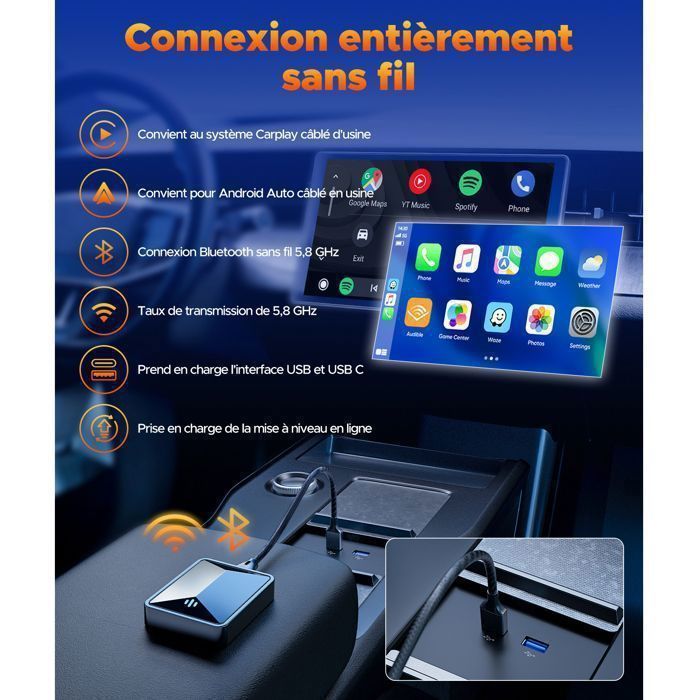 Wireless CarPlay Adapter for Apple CarPlay and Android Auto, WiFi 5.8GHz, Bluetooth, Compatible with Cars from 2016 onwards