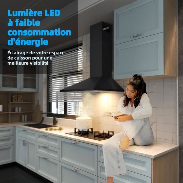 FIREGAS 60cm Wall-Mounted Cooker Hood, 308 m³/h, with LED, 3 Speeds, Carbon Filters, Black