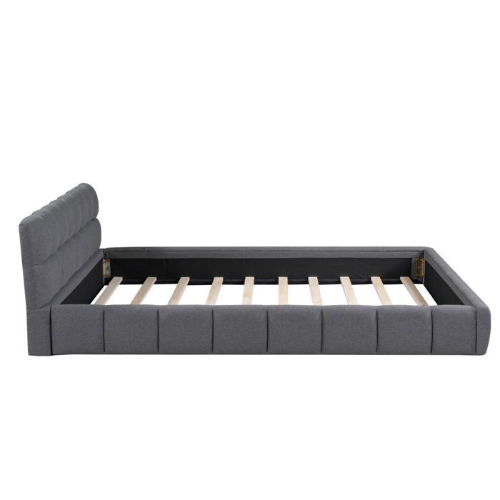 Cama de 160 x 200 cm con cabecero y somier de láminas, cama doble tapizada, cama a ras de suelo, estructura de cama de 160 x 200 cm con somier de láminas, lino, gris