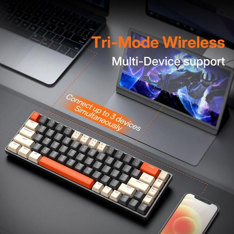 65% kabellose mechanische Gaming-Tastatur, eleBite®, Anti-Ghosting, RGB-Beleuchtung, Multimedia-Tasten, PC/Mac/PS4-kompatibel, QWERTY-Layout, 1800 mAh