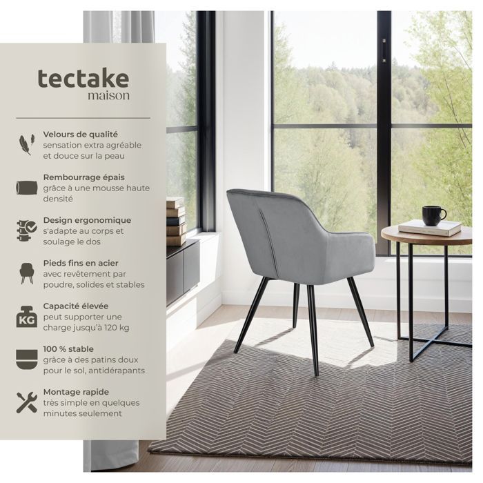 Chaise - TECTAKE - Fauteuil de salle à manger MARYLIN en velours avec pieds en acier noir - Gris/Noir