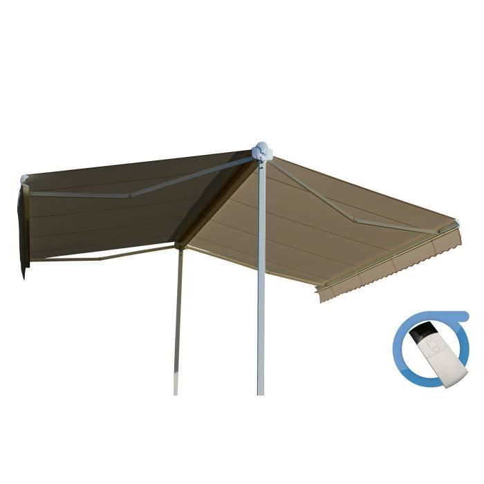 Store double pente motorisé 6x3x2 m - Toile taupe et structure blanche satinée - GARDEN OMBRAZUR