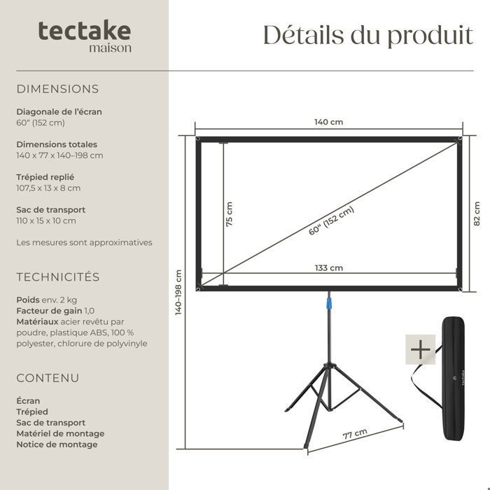 TECTAKE - Pantalla de proyección de cine con trípode plegable, 16:9, 4K, HD, 60 pulgadas - Blanco