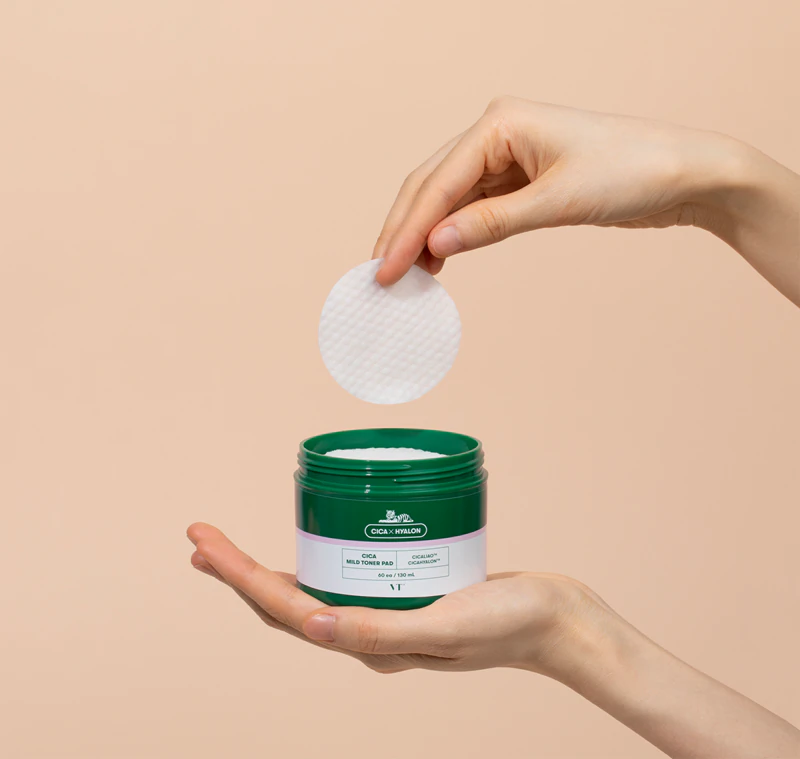 Discos esfoliantes faciais VT Cosmetics Cica Mild Toner Pad com efeito calmante.