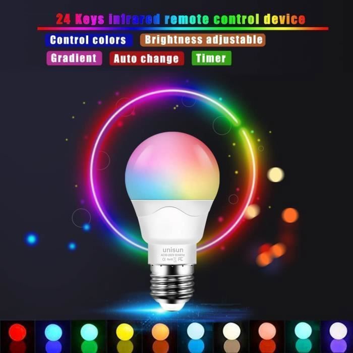 Ampoule Couleur LED, Équivalent 40W, E27 Telecommande Blanc Chaud 2700K Changement de couleur Ampoule 5W (Lot de 4)
