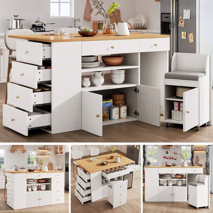 Isla de cocina con 6 cajones y taburetes, aparador con taburetes de bar, mesa de comedor extensible de 140x40 a 70x89 cm, color blanco.
