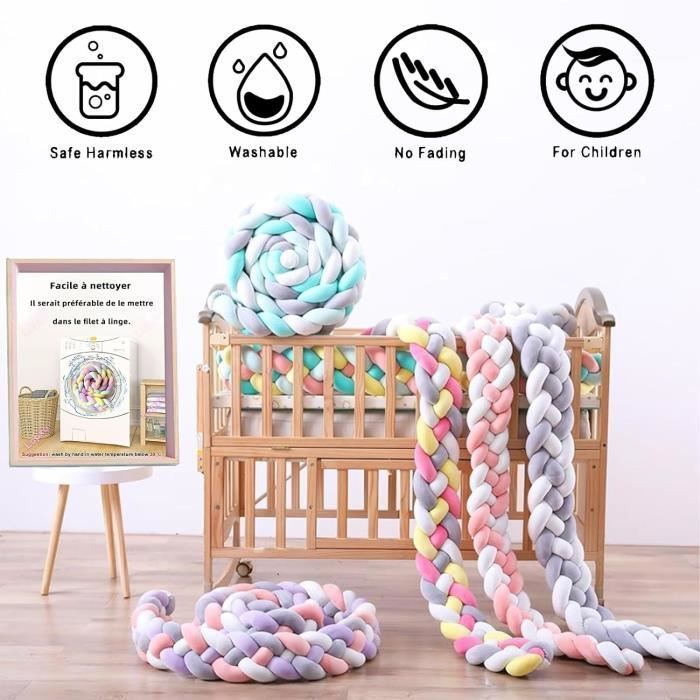 3 Brins Tresse de Lit Bebe, Tour de Lit Bébé Tresse, Tresse de Lit avec Velours Cristal et Coton PP Hautement Élastique( 2m)
