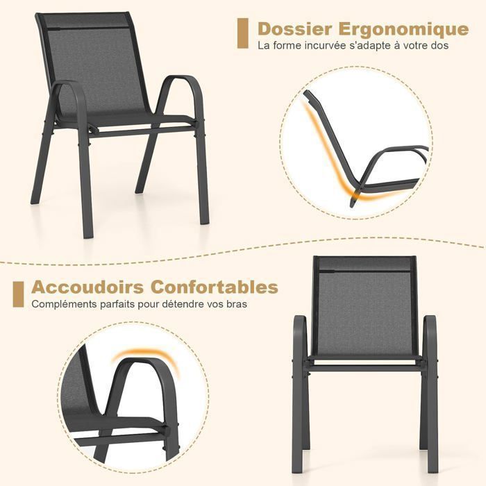 Set di 2 sedie da giardino COSTWAY, in tessuto traspirante, impilabili, con braccioli, ideali per patio, terrazza e veranda, colore nero.