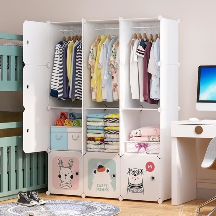 Armario modular infantil con 12 cubos, ideal para guardar juguetes, ropa, zapatos y mochilas escolares.