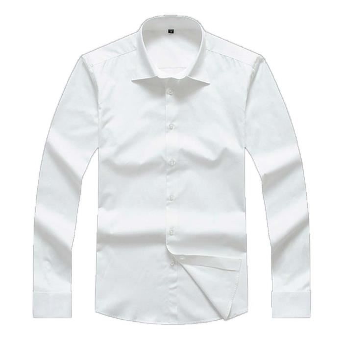 Camisa clásica de manga larga lisa de corte ajustado con puños franceses para hombre - Blanca