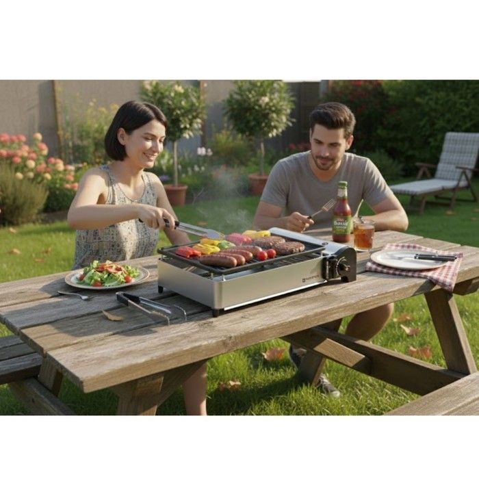 Barbacoa de gas portátil KEMPER de 1900 W con parrilla antiadherente + 4 cartuchos de gas para camping