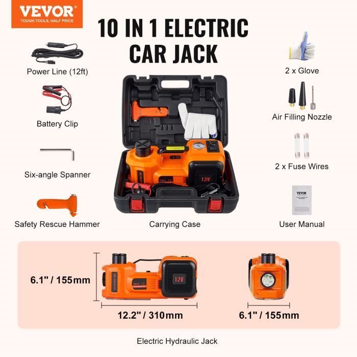 Gato hidráulico eléctrico para coche VEVOR 5T 12V con inflador incorporado.
