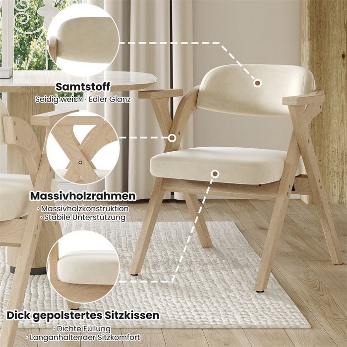 2er-Set Esszimmerstühle – Klappbar – Samtkissen – Massivholz – Stühle für Esszimmer, Wohnzimmer, Café – Beige