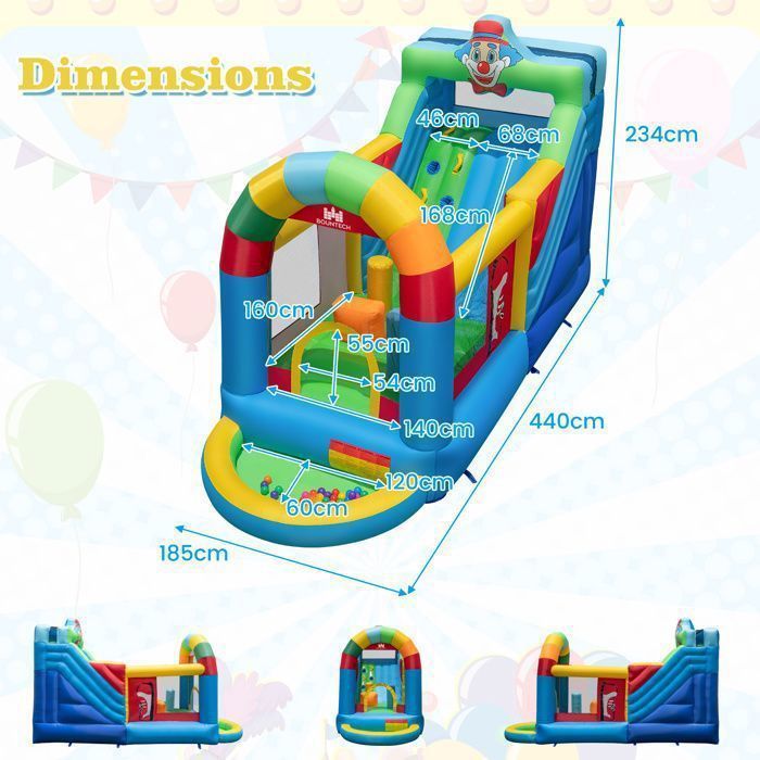 Castillo hinchable COSTWAY para niños de 3 a 10 años - 50 pelotas, tobogán largo - Bolsa de transporte (inflador no incluido) 440 x 185 x 234 cm