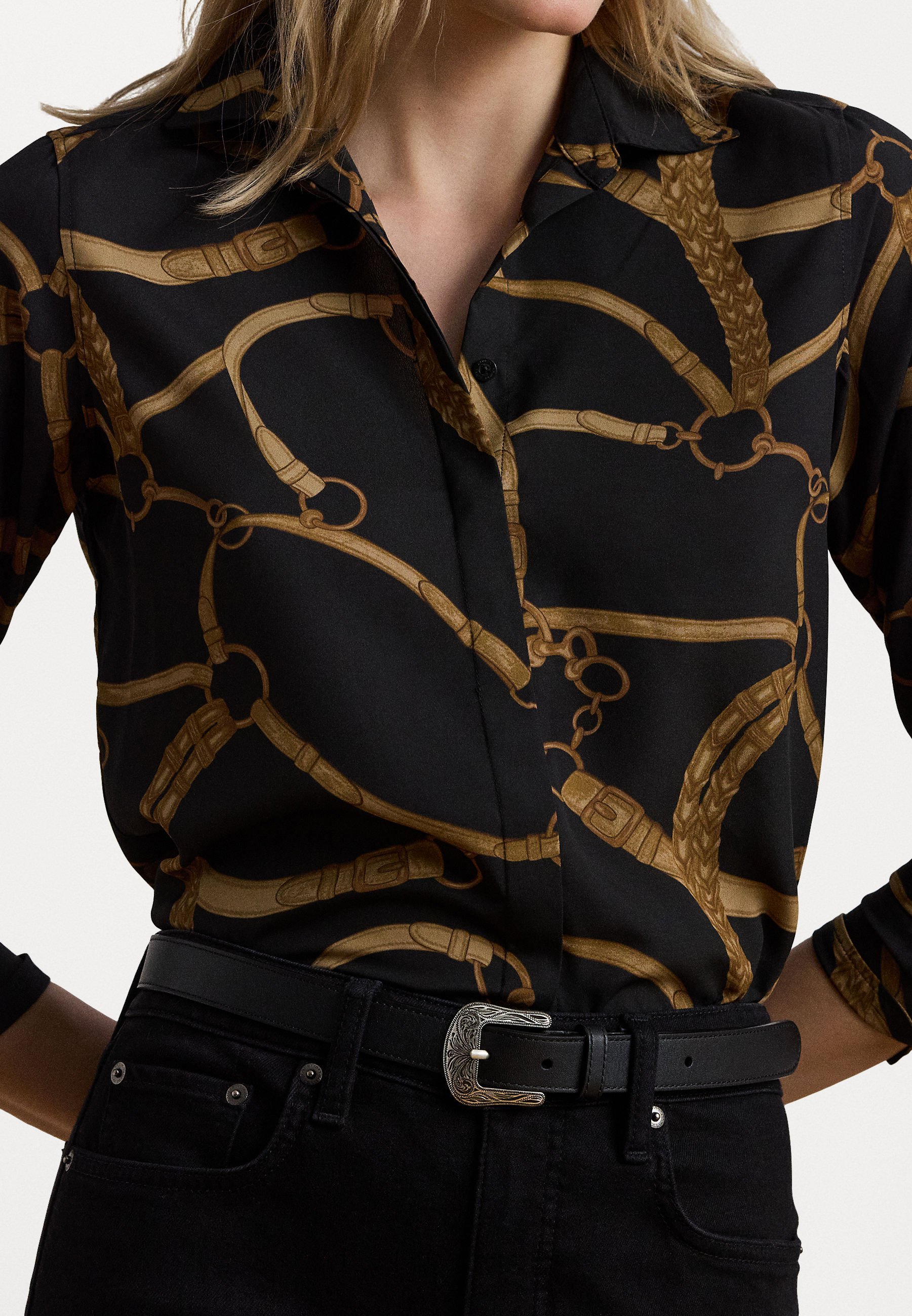 Lauren Ralph Lauren CLASSIC FIT VÖÖPRINTIGA KREPP-SÄRK - Nööpidega pluus - must/pruun