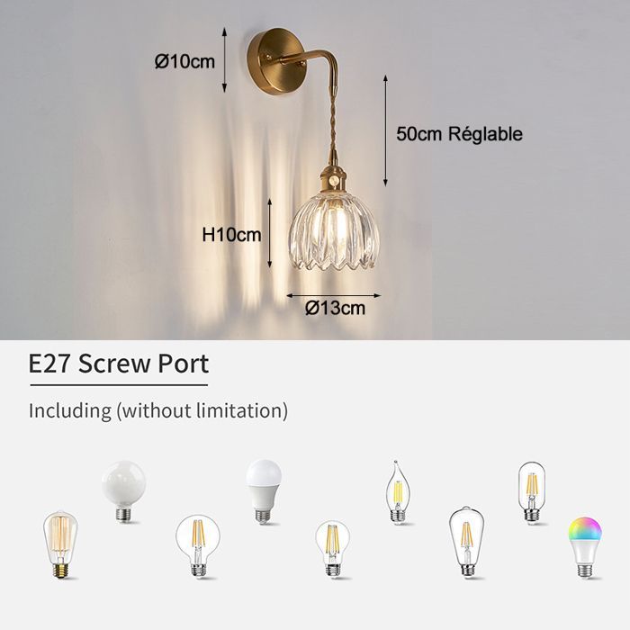 DLGLOLIN Applique Murale en Verre Transparent Vintage avec Fil, Lampe Murale Forme de Fleur Tulipe E27 Luminaire pour Chambre Salon