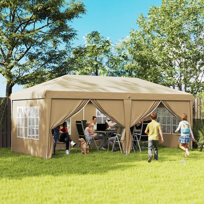 Opvouwbaar partytent - Outsunny - 4 afneembare zijpanelen en 4 ramen - inclusief draagtas - 6 x 3 x 2,7 m - kaki