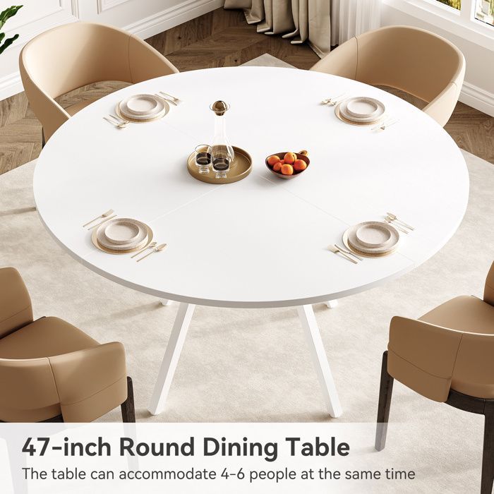 Tavolo da pranzo rotondo, Little Tree, 120×120×75 cm, tavolo da cucina con piano effetto MDF e gambe in metallo, bianco